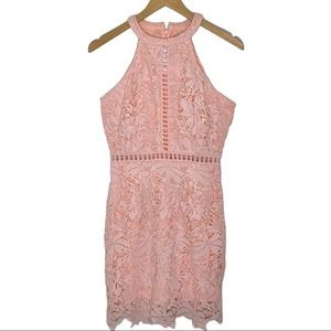 Pink Lace Sleeveless Cutout Sheath Dress High Neck